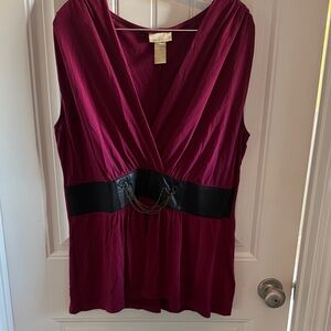 Miss Tina Burgundy V-Neck Blouse with Black Accent